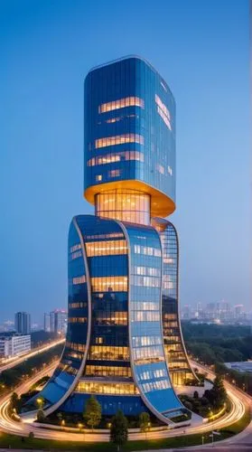 an impressive architectural design of a futuristic building, possibly inspired by the form of a peeled banana. The building features sweeping, curved structures that resemble the elegant, elongated pe