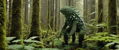 Write a suspenseful story where someone encounters a dangerous creature living in a gunnera forest.,forest man,forest dragon,forest plant,forest animal,ferns,tree man,elven forest,patrol,the forest,cr