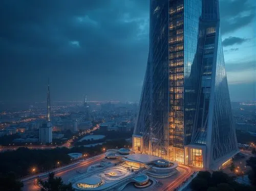 Modern skyscraper, cityscape, urban architecture, sleek design, futuristic aesthetic, plasticrete material, reinforced structure, reflective glass facade, metallic framework, angular lines, geometric 