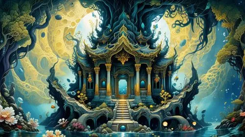 amazing fractal,a surreal scene shows a very ornate building,alfheim,rivendell,fantasy picture,fairy world,fantasia,fantasy art,Illustration,Realistic Fantasy,Realistic Fantasy 25