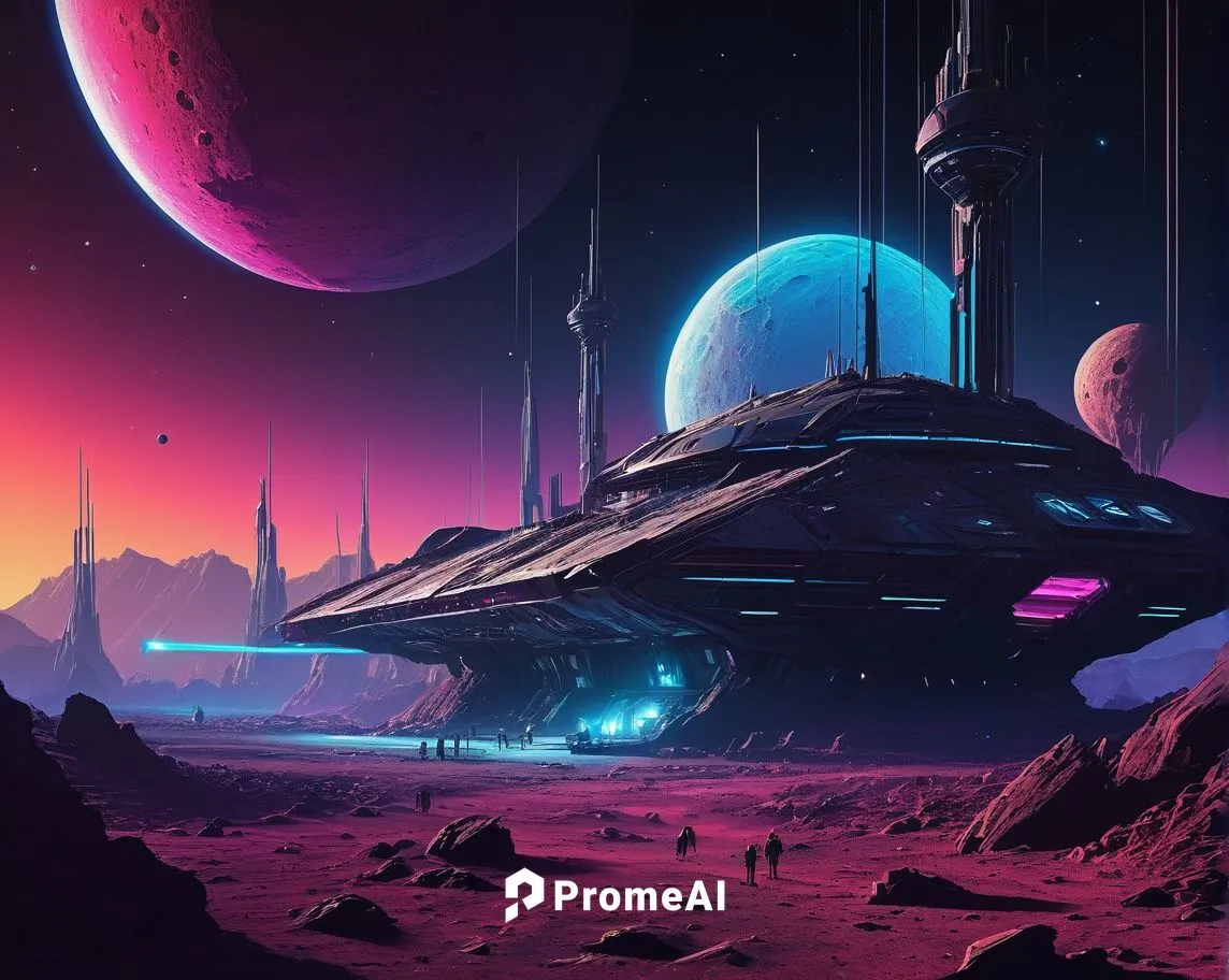 A retrofuturistic colony of humans, on an exotic alien planet, in a distant solar system. Retro Sci-Fi style. Synthwave style.,futuristic landscape,alien planet,scifi,alien world,homeworld,extrasolar,