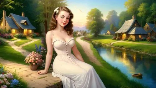 Romantic masterpiece painting, cute girl portrait, sitting, riverside village, nostalgic rural American countryside, by Bob Ross, by Thomas Kinkade,fantasy picture,bridal dress,celtic woman,landscape 