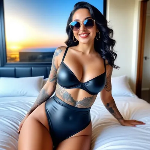 a woman in a bikini with tattoos on it sitting on a bed,anitta,jasmine sky,carmelina,devonne,venessa,bisignani