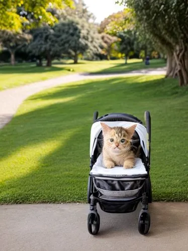 a cute tabby kitten sitting in a baby pram, beside pond in park, daylight sunshine, high contrast lighting, photorealistic 8k resolution.,stroller,baby carriage,carrycot,walk-behind mower,push cart,do