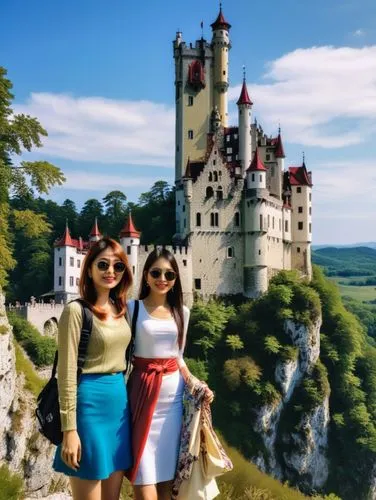 Asian tourist girls in front of Lichtenstein Castle.,two woman posing in front of a castle,fairy tale castle sigmaringen,neuschwanstein,neuschwanstein castle,bran castle,bastei,dracula castle,Illustra