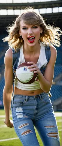 Taylor Swift, American singer-songwriter, smiling, blonde hair, bold red lips, sparkling eyes, denim jacket, white tank top, distressed boyfriend jeans, sneakers, holding a football, throwing a pass, 