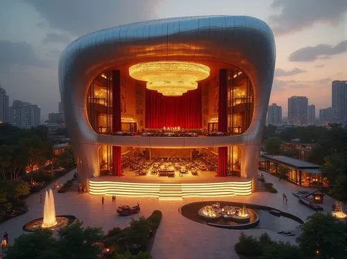 Sleek modern opera house, futuristic architecture, curved lines, silver metal fa\u00e7ade, floor-to-ceiling glass walls, minimalist interior design, grand staircase, lavish chandeliers, red velvet cur