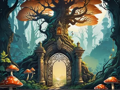 mushroom landscape,fairy house,fairy chimney,portal,fairy village,fairy door,enchanted forest,witch's house,fantasy landscape,elven forest,fairy tale castle,fairy forest,druid grove,fantasy picture,wishing well,mushroom island,tree house,game illustration,fairy world,fairytale forest,Unique,Design,Sticker