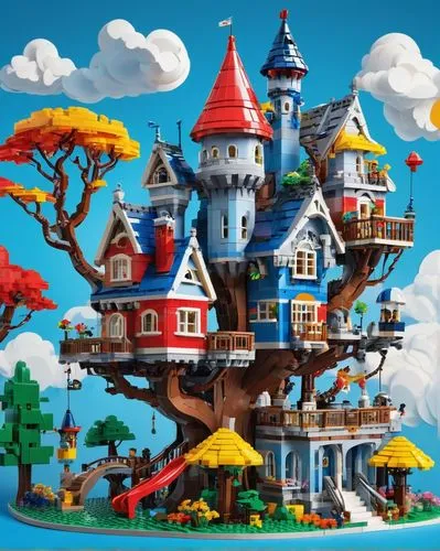 Colorful website, kid-friendly architecture, building blocks, LEGO-inspired design, bright blue background, 3D illustrations, fun fonts, playful animations, interactive tools, dream house, fantasy cas