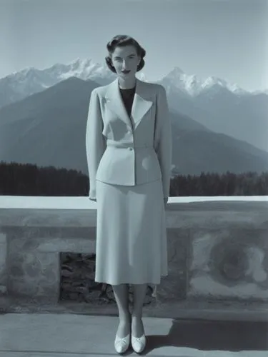 A lady from the 1940s in front of an Alpine backdrop.,a woman in white dress standing next to mountains,stanwyck,mitford,pleasantville,magnani,ingrid bergman,marylyn monroe - female,Photography,Black 