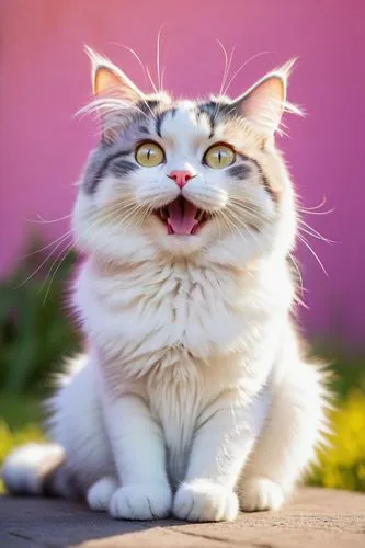 Goofy cat, white fur, big round eyes, pink nose, whiskers, sitting, relaxed posture, paws curled up, soft fluffy texture, cartoon style, colorful background, sunny day, bright light, shallow depth of 