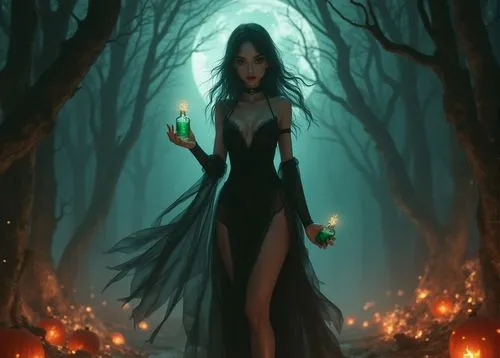 
En un rincón sombrío de un bosque encantado, la luna llena brilla intensamente, iluminando un claro cubierto de neblina. Allí, tres brujas hermosas muy sexis se destacan, sus figuras esbeltas vestida