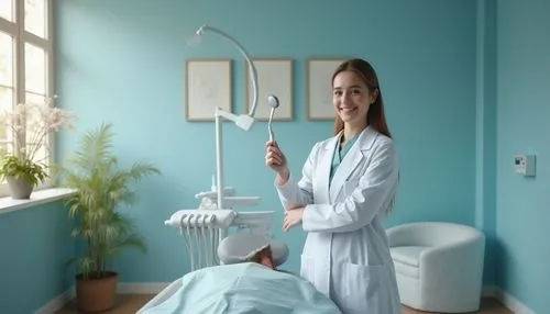 calming dental space, lavelder blue walls, soft natural light, modern minimalist furniture, sleek metal equipment, dentist in white coat, gentle facial expression, subtle smile, hands holding dental m