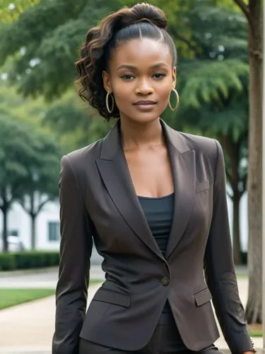 Full-size West African sample portrait,a woman with a black shirt and suit in a park,ikpe,thandie,mtetwa,masiyiwa,business woman,businesswoman,Photography,Black and white photography,Black and White P