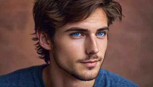 Young adult, Caucasian male, realistic skin texture, subtle facial hair, bright blue eyes, sharp jawline, slight smile, gentle nose shape, messy brown hair, casual hairstyle, natural makeup, relaxed f