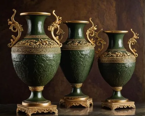 Ancient Greek-inspired architectural pottery, ornate vases, intricately carved stone-like texture, earthy tone, olive green glaze, golden accents, mythological scenes, gods and goddesses, floral patte