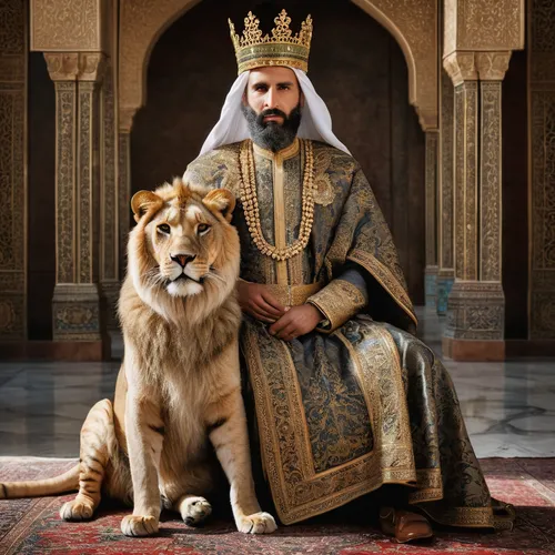 A full body portrait of Karim Khan Zand, one of the kings of Iran. He wears a crown on his head, his beard is curly, and he holds a lion cub in his right hand and a law board in the other hand.,sultan