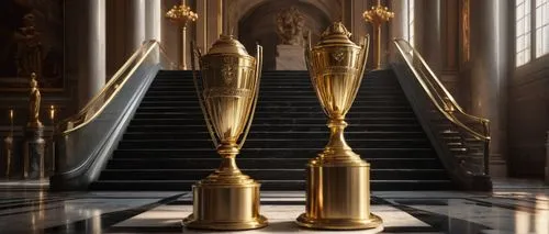 Modern award, golden trophy, sleek lines, metallic material, reflective surface, ornate details, pedestal base, luxurious ambiance, museum setting, marble floor, grand staircase, softbox lighting, dra