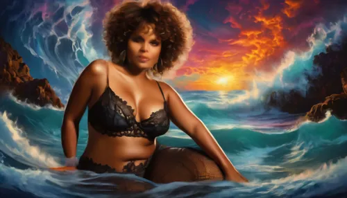 the sea maid,tidal wave,fantasy art,african american woman,black woman,fire and water,black women,black jane doe,fantasy picture,god of the sea,fantasy woman,big waves,afro-american,world digital pain