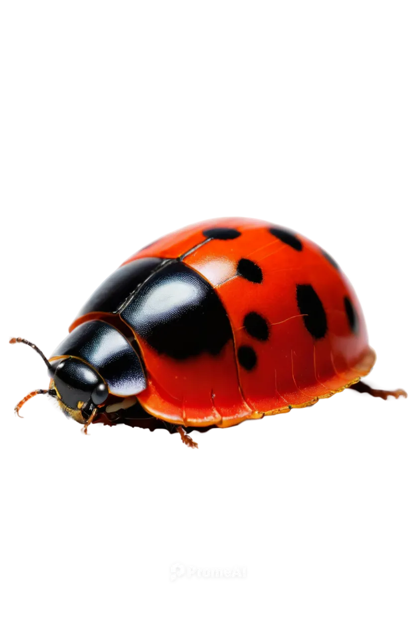 Ladybug, red shell, black spots, delicate wings, green leaves, tiny legs, shiny exoskeleton, bright eyes, antennae, close-up, 3/4 composition, soft natural light, warm color tone, shallow depth of fie