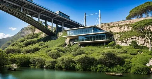 restaurante ubicado abajo de un puente y encima de un rio muy grande.,a bridge spanning over a river, and a building with glass on it,skybridge,svizzera,hanging bridge,suspension bridge,futuristic art