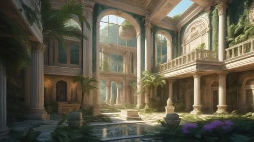 a large building with several arches and plants,palaces,atriums,dorne,theed,conservatory,amazonica,Conceptual Art,Fantasy,Fantasy 23