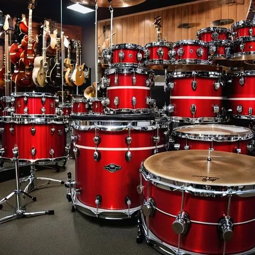 Inside the beautifully decorated red clear drums Ludwig drum shop. There are many guitars to choose from. There are beautiful lights.,drum kit,kettledrums,drum set,bongos,african drums,snare drum,jazz