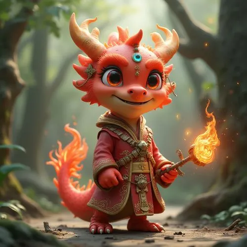 A Cute Red Chinese Dragon Entrenched in a Disney Castle, Clay Material, Pixar, Cartoon, 3D Rendering, Ultra Fine Detail,a red baby dragon holding a sparkle wand,fireheart,dragon fire,firebrand,kobold,