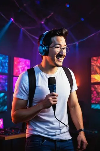 Markiplier, male, YouTube personality, solo, (28yo), short brown hair, blue eyes, casual wear, white shirt, dark jeans, sneakers, holding microphone, standing, gaming setup, colorful lights, cameras, 