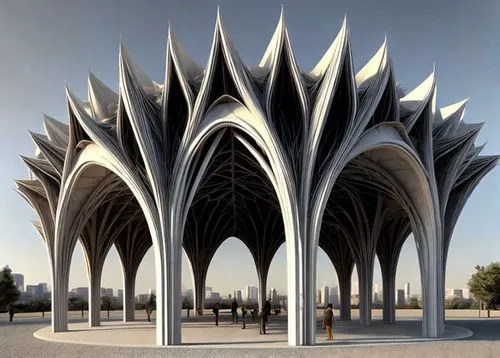 Parametric Pavilion in the city,an artist's rendering shows multiple arches that appear to have been interlocked,heatherwick,islamic architectural,mahdavi,mubadala,triforium,lusail,sharjah,iranian arc