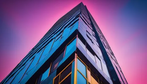 Modern architectural building, urban cityscape, futuristic skyscraper, sleek metal exterior, glass facade, angular geometric shapes, vibrant neon lights, pastel pink, electric blue, sunny yellow, brig