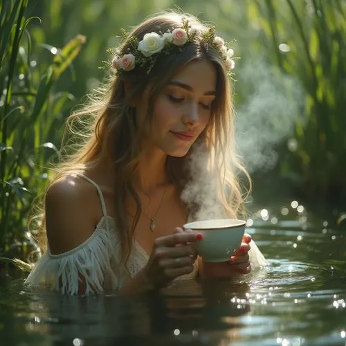 tea zen,flower tea,woman drinking coffee,kupala,holding cup,beautiful girl with flowers