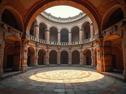 Ancient Roman amphitheater, ornate stone carvings, vaulted ceilings, circular seating arrangement, tiered levels, grandiose entrance archways, rustic brick walls, weathered marble columns, intricate m