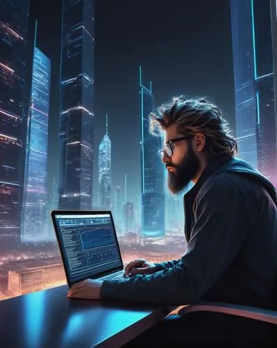 man with a computer,blur office background,cybertrader,cybertown,world digital painting,wozniak,sci fiction illustration,vangelis,cybersurfers,computer business,night administrator,cybersquatters,cybersurfing,computerologist,cyberport,cyberscene,computer graphic,cybernet,cybercafes,cyberpunk,Conceptual Art,Sci-Fi,Sci-Fi 11