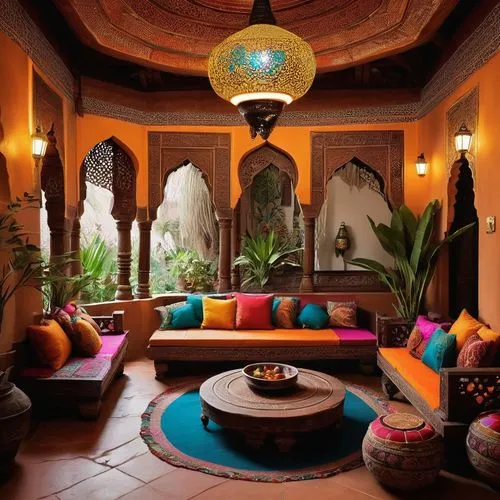 Traditional Indian interior, vibrant colors, intricate patterns, ornate furniture, carved wooden doors, colorful tapestries, rich textiles, luxurious fabrics, embroidered cushions, diwan seating, low-