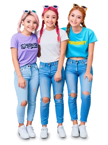 teenagers, four girls, kawaii style, colorful hair clips, ponytails, bright smile, sparkly eyes, casual wear, ripped jeans, graphic t-shirts, sneakers, relaxed pose, leaning on each other, soft focus,