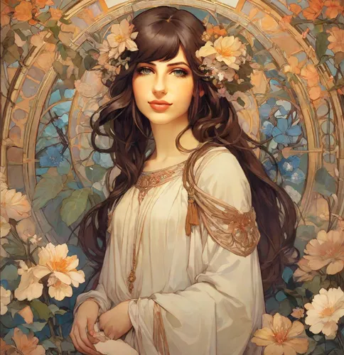 girl in a wreath,wreath of flowers,mucha,fantasy portrait,kahila garland-lily,art nouveau,jasmine blossom,girl in flowers,flora,blooming wreath,floral wreath,spring crown,artemisia,flower fairy,mystical portrait of a girl,golden wreath,primrose,flower girl,rusalka,scent of jasmine