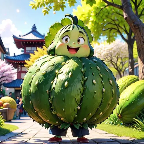 japanese style, manga, realistic,colors,spring,avaocado,a green plant is walking in front of some buildings,pinya,chayote,honeydew,supinya,houseleek,wasabi,Anime,Anime,Cartoon