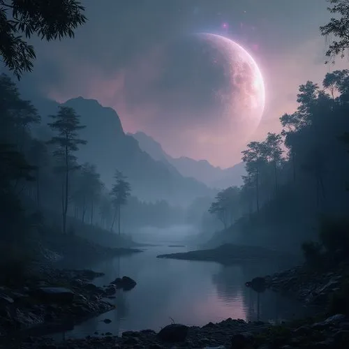 purple moon,fantasy picture,fantasy landscape,moonlit night,hanging moon,moonsorrow,Conceptual Art,Sci-Fi,Sci-Fi 12