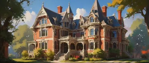 Baroque Revival style building, Queen Anne inspiration, grandiose, ornate details, red brick walls, white stone trim, steeply pitched roof, multiple chimneys, rounded towers, intricate carvings, ornam