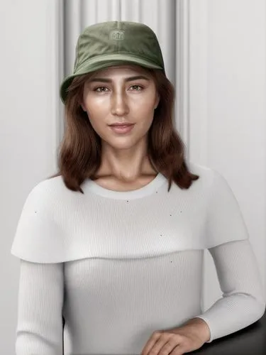 a realistic looking woman wearing a white sweater and green hat,girl wearing hat,the hat-female,woman's hat,beret,women's hat,womans hat,Common,Common,Natural