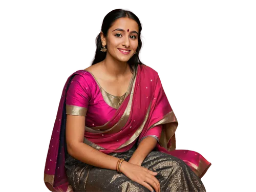 Indian woman, traditional clothing, bindi on forehead, dark hair, hoop earrings, nose ring, colorful sari, draped over shoulder, bare feet, floor seating, hands in lap, gentle smile, warm lighting, so