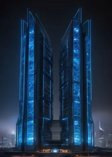 Gemini-inspired futuristic building, symmetrical twin towers, sleek metallic surfaces, neon blue accents, intricate circuitry patterns, LED lights tracing the edges, glass and steel materials, reflect