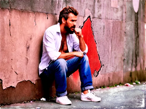 Homeless man, worn-out clothes, torn jeans, dirty white shirt, old sneakers, rugged beard, messy hair, hopeless expression, sitting on pavement, leaning against wall, urban setting, morning light, sha