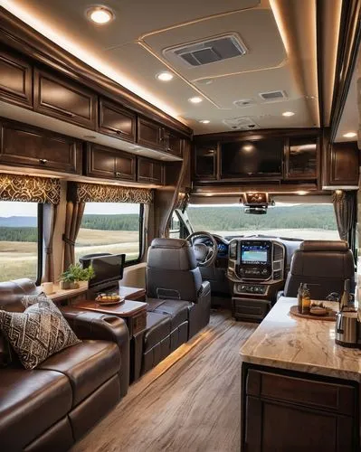 Luxury RV, modern interior, sleek lines, leather sofa, recliner chair, wooden coffee table, marble countertops, stainless steel appliances, ambient lighting, soft carpet, beige walls, minimalist decor