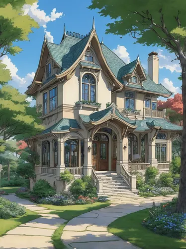 violet evergarden,victorian house,beautiful home,studio ghibli,house painting,country estate,country house,house in the forest,private house,summer cottage,two story house,victorian,house in the mountains,large home,apartment house,house,house by the water,crooked house,little house,country cottage,Illustration,Japanese style,Japanese Style 14