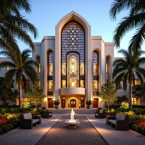 Art Deco church, symmetrical fa\u00e7ade, ornate stone carvings, geometric metalwork, vibrant stained glass windows, lush greenery, palm trees, blooming flowers, curved walkways, ornamental fountains,