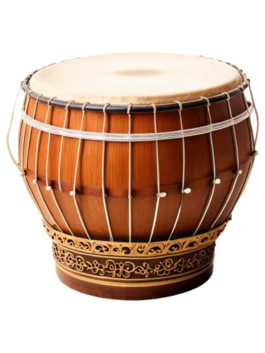 Tabla drum, Indian classical instrument, brown wood grain, intricate carvings, metallic rings, soft golden lighting, shallow depth of field, detailed textures, 3/4 composition, warm color tone, realis