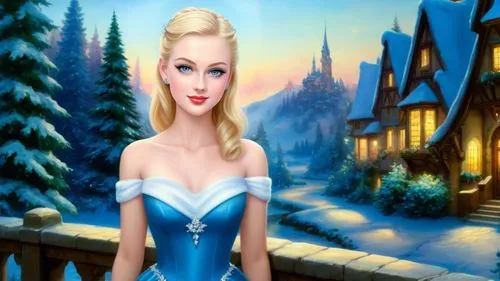 Romantic masterpiece oil painting, cute girl portrait, nostalgic 1950's style kitsch, breathtaking beautiful winter kingdom landscape, majestic fantasy scenery, evening lighting, highly detailed highr