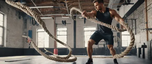 Strong young man working out with battle ropes in a crossfit gym. Muscular sportsman doing cross excursion with ropes in workout gym. Determined guy using battle rope while doing physical training.,gy